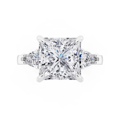 14 KT White Gold Princess Cut Diamond Three Stone Pear Accent Vintage Pave Ring - top angle