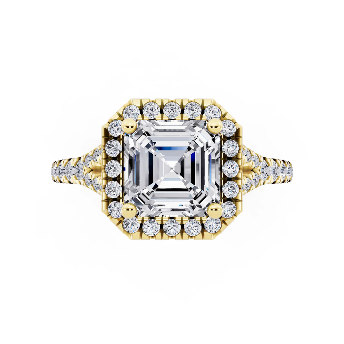 14 KT Yellow Gold Asscher Cut Diamond Halo Ring with Split Shank - top angle