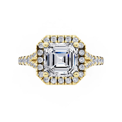 14 KT Yellow Gold Asscher Cut Diamond Halo Ring with Split Shank - top angle
