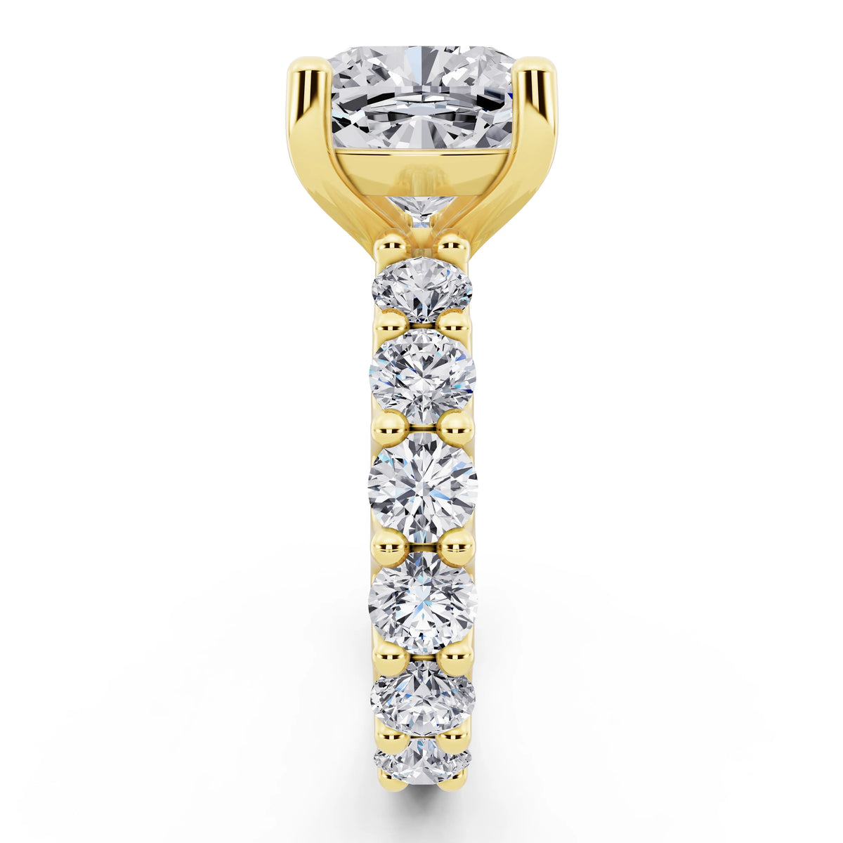 18 KT Yellow Gold Cushion Cut Diamond Ring with Shared Prong Eternity Band - side view