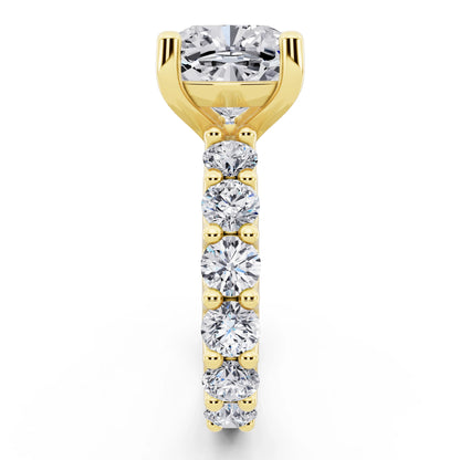 18 KT Yellow Gold Cushion Cut Diamond Ring with Shared Prong Eternity Band - side view