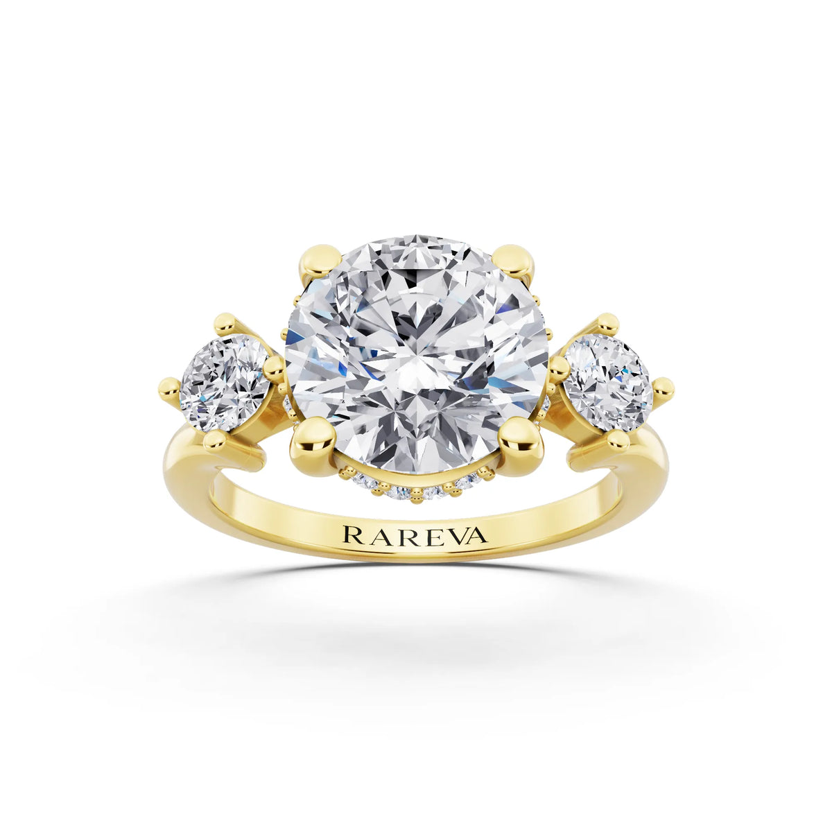 14 KT Yellow Gold Round Cut Diamond Three Stone Engagement Ring with Hidden Halo - front view