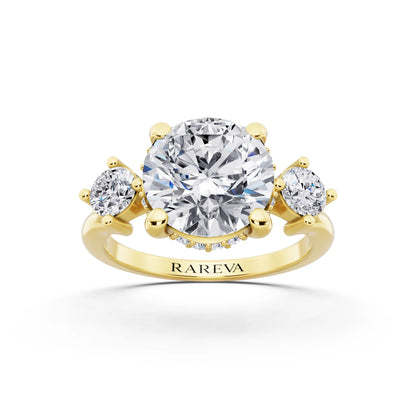 14 KT Yellow Gold Round Cut Diamond Three Stone Engagement Ring with Hidden Halo - front view