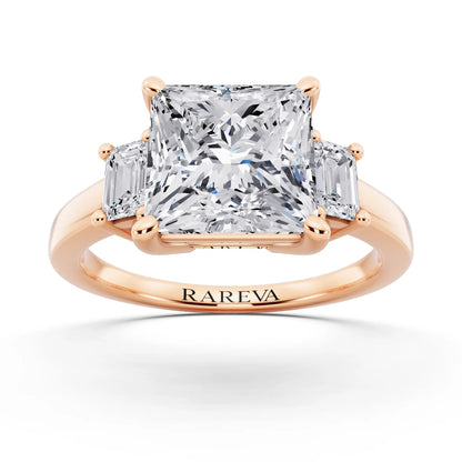 18 KT Rose Gold Princess Cut Diamond Three Stone Emerald Accent Ring - front view