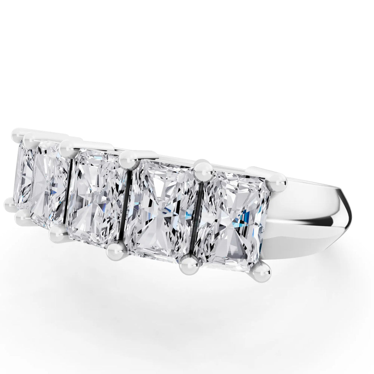 10K White Gold Five Stone Radiant Cut Diamond Half Eternity Wedding Band - 2.5mm - Close up