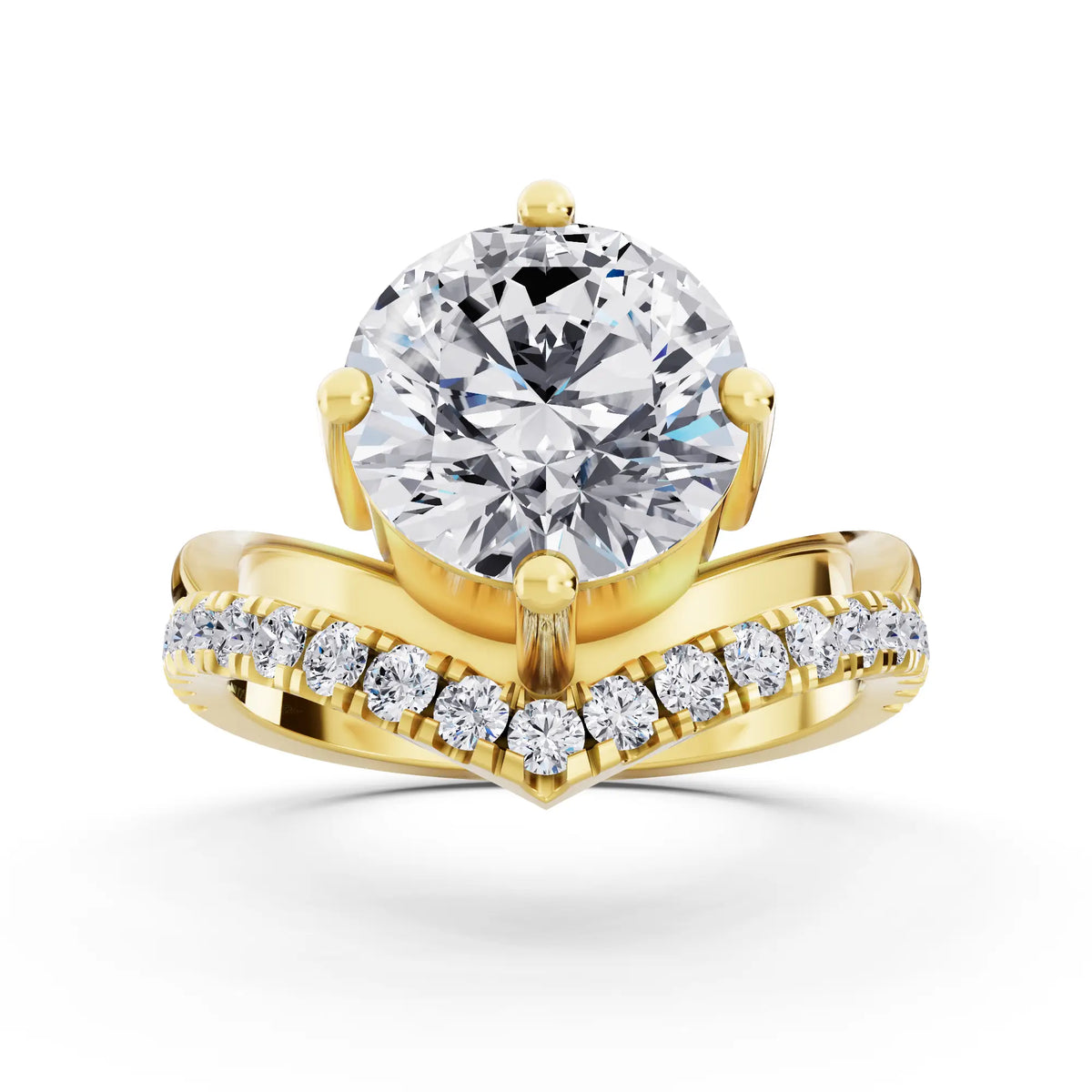 18 KT Yellow Gold Round Cut Diamond Solitaire Ring with Pave V Band - Front