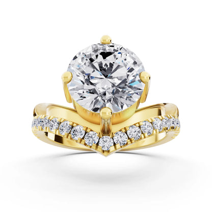 18 KT Yellow Gold Round Cut Diamond Solitaire Ring with Pave V Band - Front