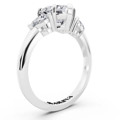 14 KT White Gold Heart Cut Diamond Three Stone Pear Accent Ring - top view