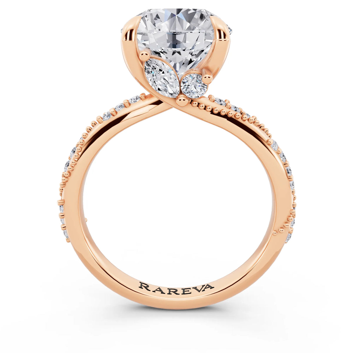 14 KT Rose Gold Round Cut Diamond Ring with Marquise Accent - through finger
