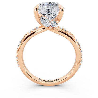 14 KT Rose Gold Round Cut Diamond Ring with Marquise Accent - through finger