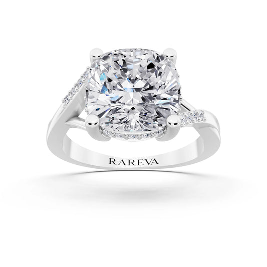18 KT White Gold Cushion Cut Diamond Split Shank Engagement Ring with Hidden Halo - front view