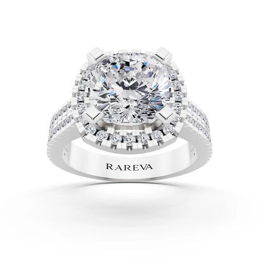 14 KT White Gold Cushion Cut Diamond Halo Ring with Twin Pave Band - front view