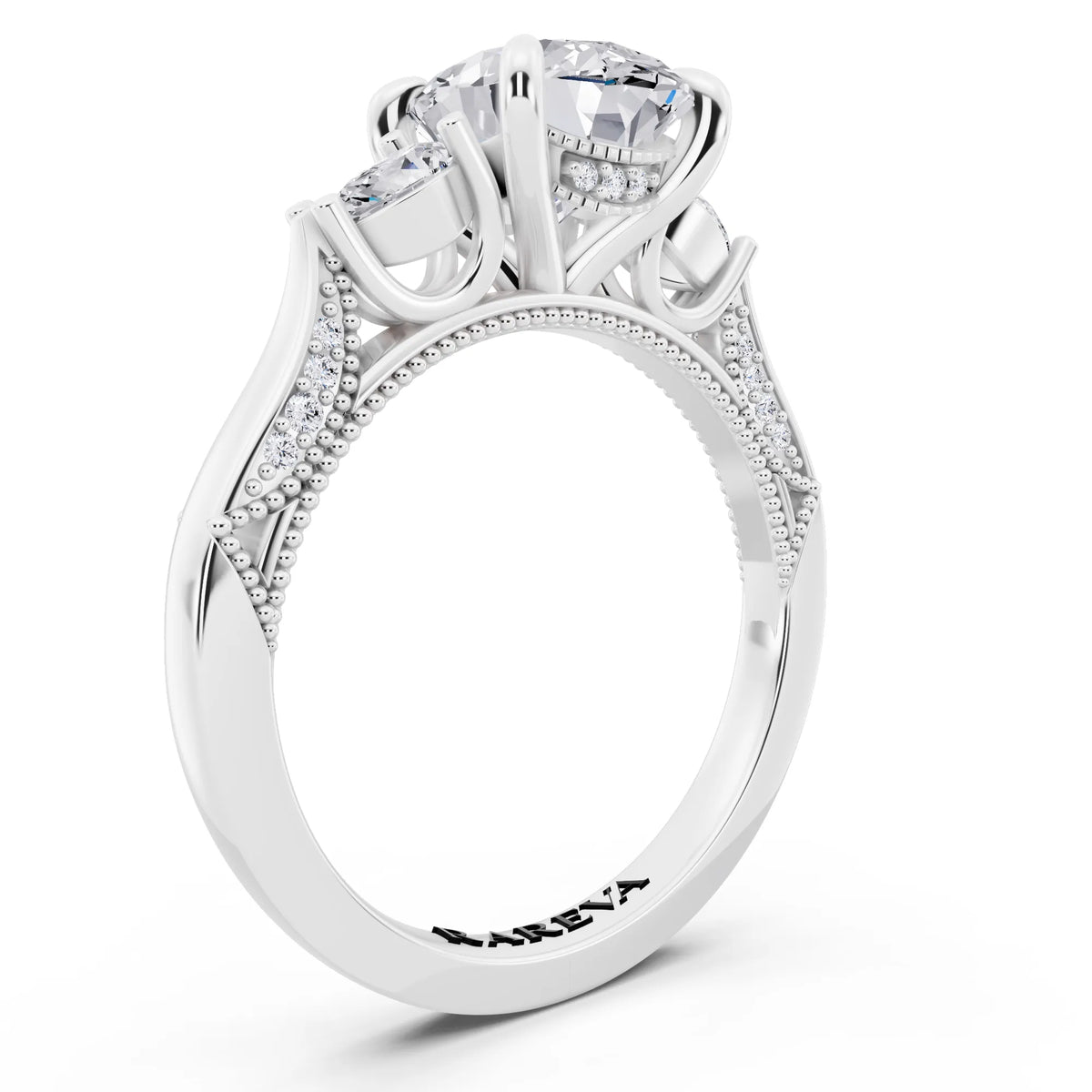 18 KT White Gold Oval Cut Diamond Three Stone Pear Accent Vintage Pave Ring - top view