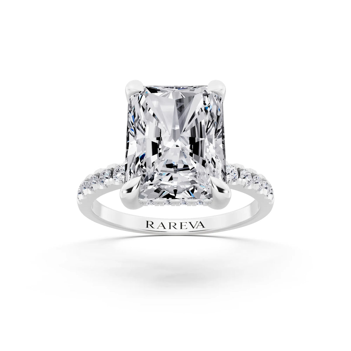 Platinum Radiant Cut Diamond Solitaire Ring with Round Pavé Band and Prong Setting - front view