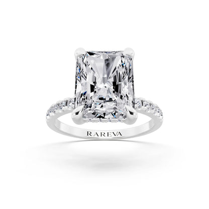 Platinum Radiant Cut Diamond Solitaire Ring with Round Pavé Band and Prong Setting - front view