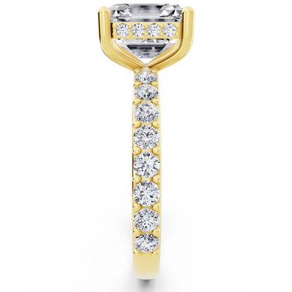 14 KT Yellow Gold Asscher Cut Diamond Solitaire Ring with Hidden Halo and Pave Band - side view