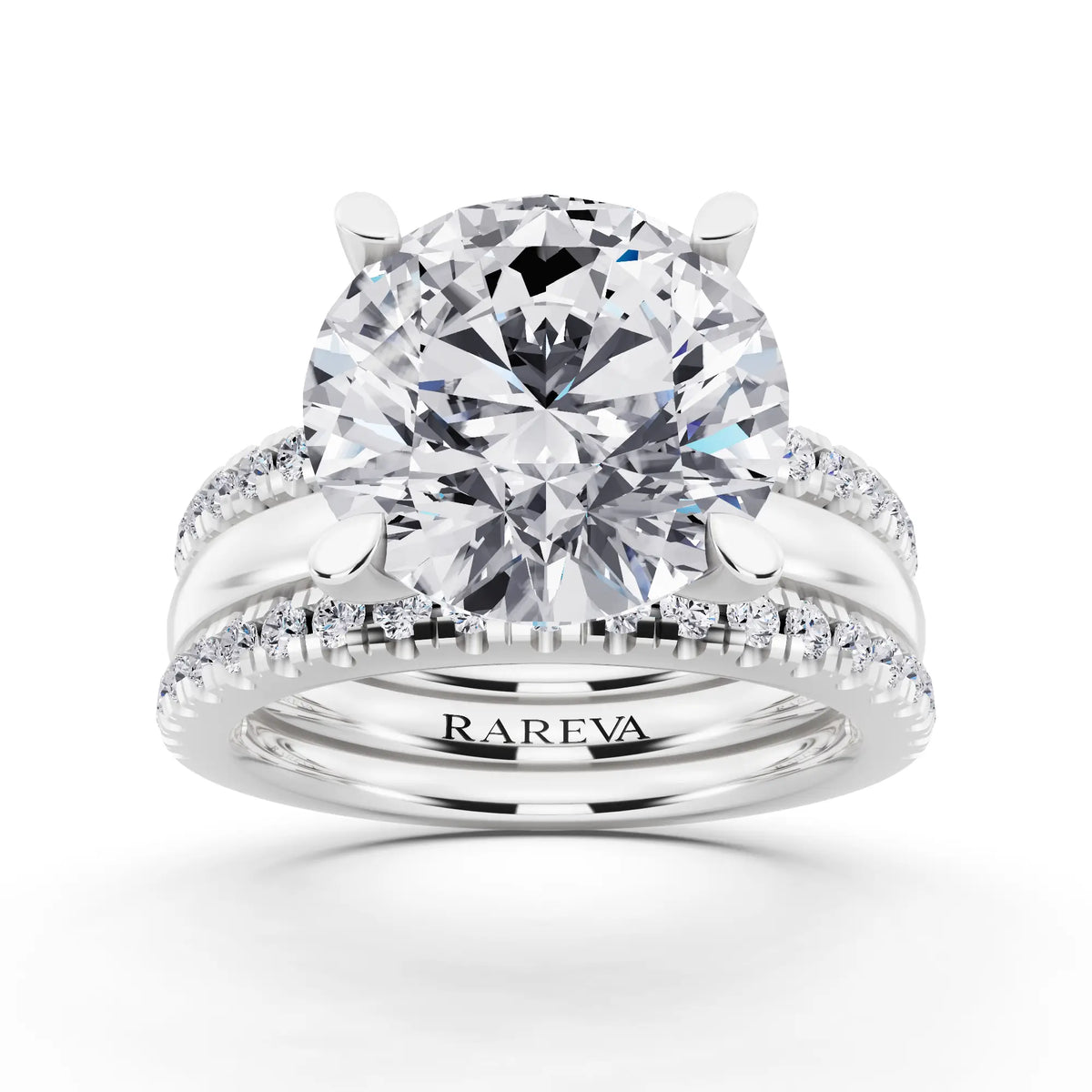Platinum Round Cut Diamond Solitaire Twin Pave Band Stack Ring - front view