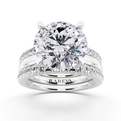 Platinum Round Cut Diamond Solitaire Twin Pave Band Stack Ring - front view