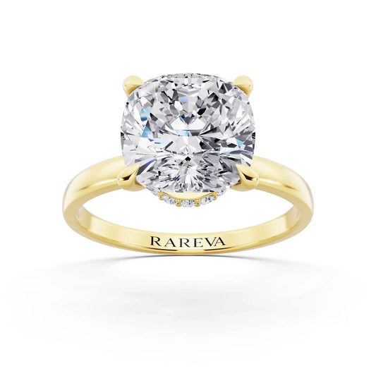 14 KT Yellow Gold Cushion Cut Diamond Solitaire Ring with Pave Collar - front view