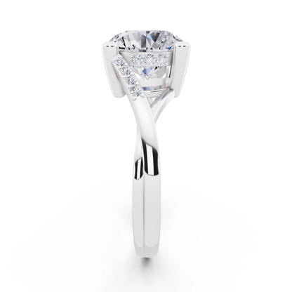 18 KT White Gold Round Cut Diamond Split Shank Engagement Ring with Hidden Halo - side view