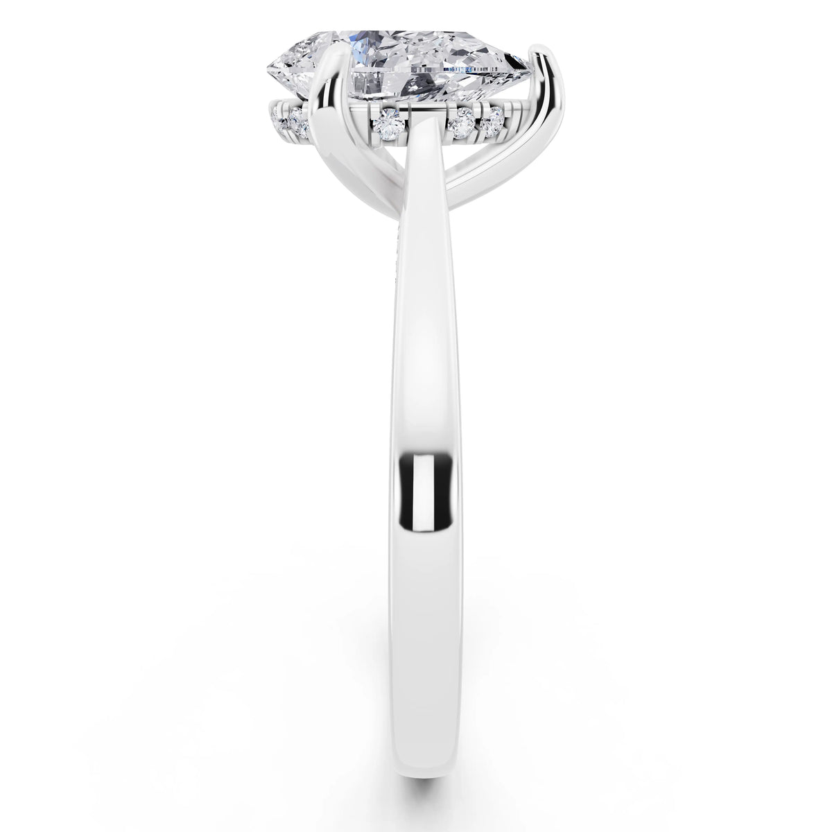 Platinum Pear Cut Diamond Solitaire Ring with Cathedral Band - side view