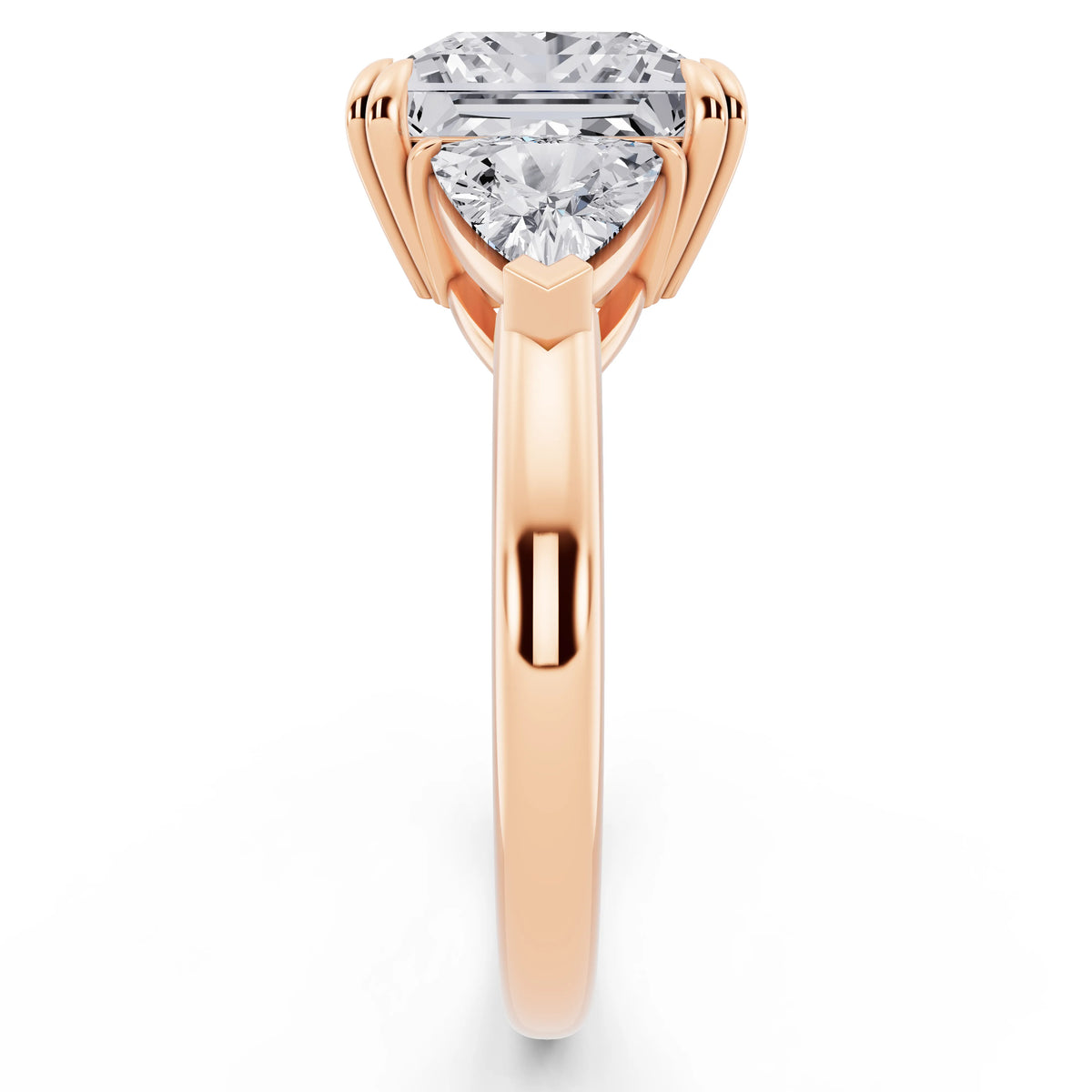 14 KT Rose Gold Princess Cut Diamond Three Stone Ring with Trillion Accents - side view