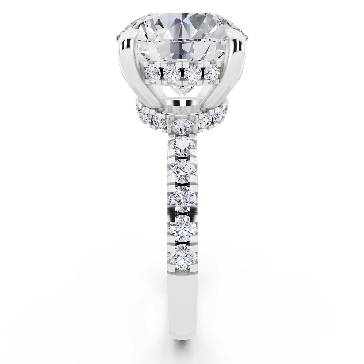 Platinum Round Cut Diamond Hidden Halo Tiger Prong Pave Band Ring - side view
