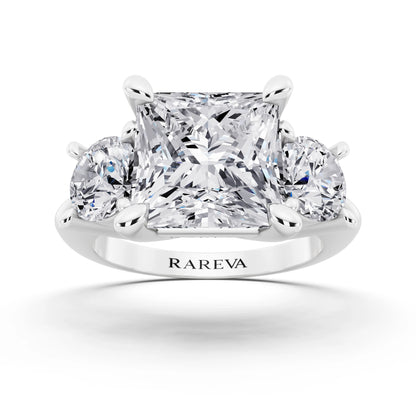 Platinum Princess Cut Diamond Three Stone Ring with Round Accents - front view