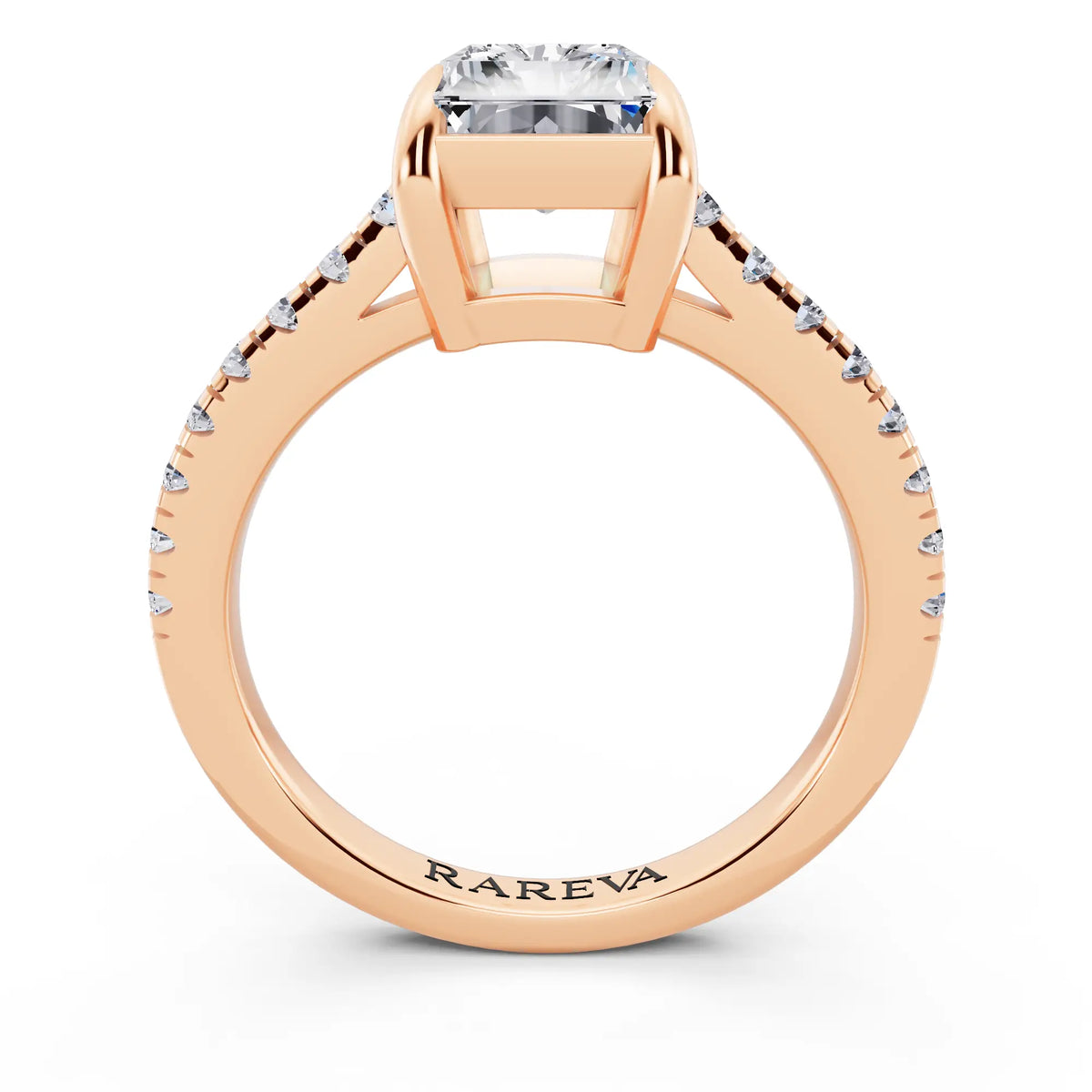 18 KT Rose Gold Radiant Cut Diamond Claw Prong Solitaire Ring with French Pave Band - through finger