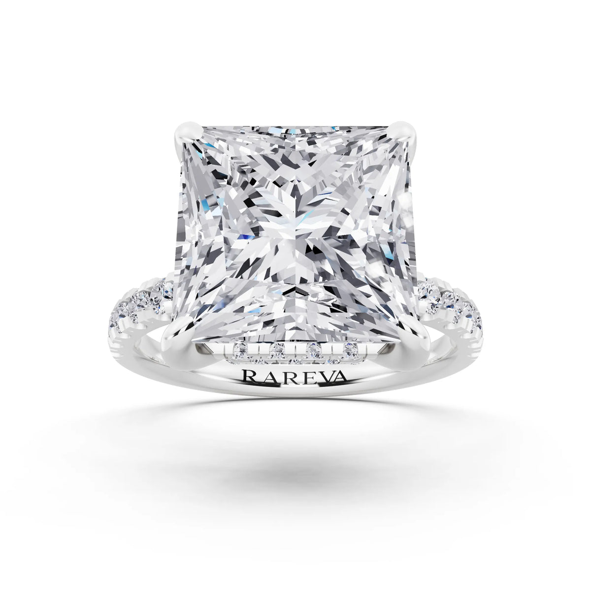 Platinum Princess Cut Diamond Hidden Halo Tiger Prong Pave Band Ring - front view