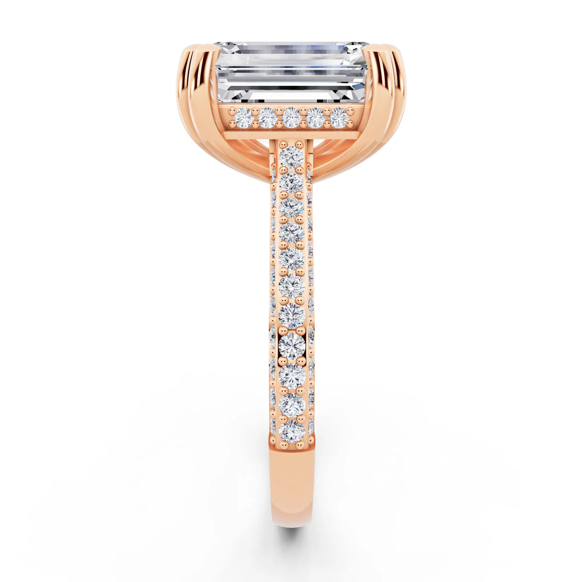 14 KT Rose Gold Emerald Cut Diamond Hidden Halo Double Claw Pave Band Ring - side view