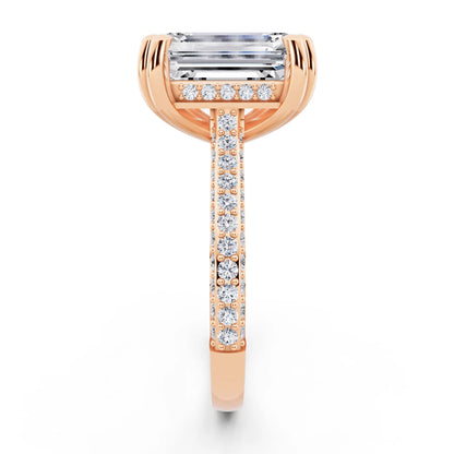14 KT Rose Gold Emerald Cut Diamond Hidden Halo Double Claw Pave Band Ring - side view