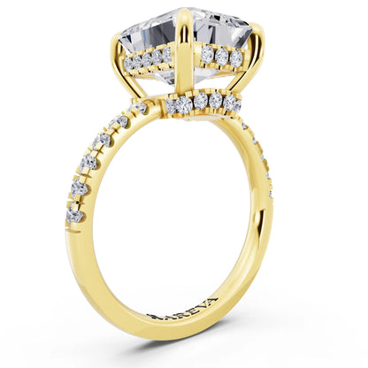 14 KT Yellow Gold Emerald Cut Diamond Hidden Halo Tiger Prong Pave Band Ring - top view