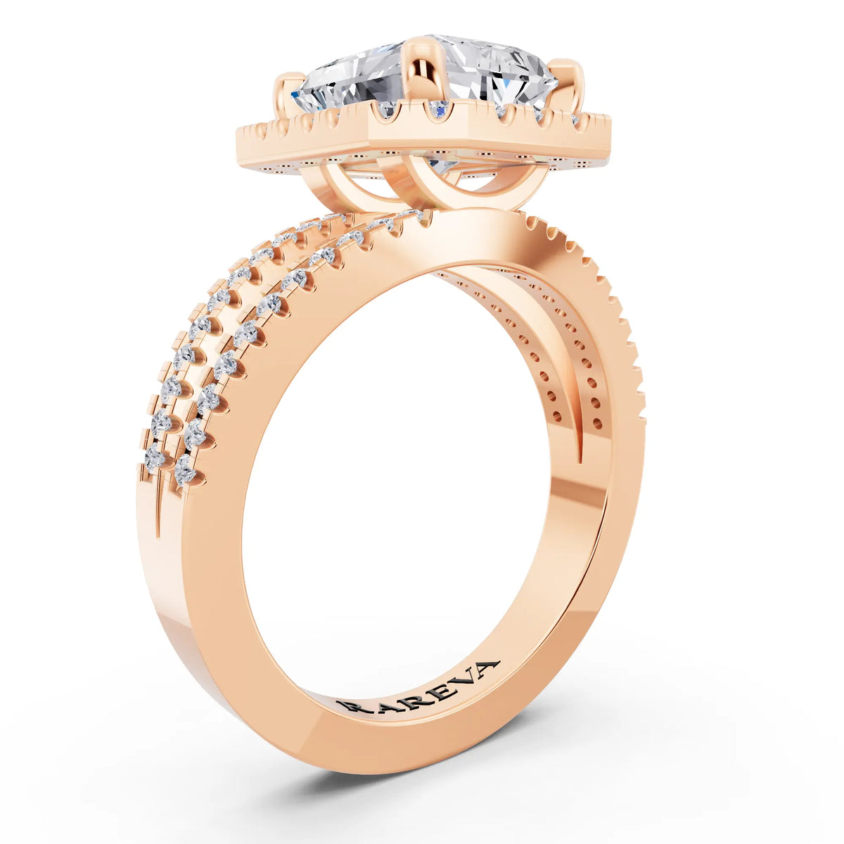 18 KT Rose Gold Radiant Cut Diamond Halo Ring with Pave Split Shank - top view