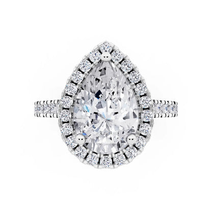 18 KT White Gold Pear Cut Diamond Halo Ring with Pave Band - Top down