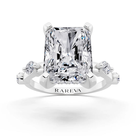 14 KT White Gold Radiant Cut Diamond Solitaire Ring with Floating Diamond Accents - front view