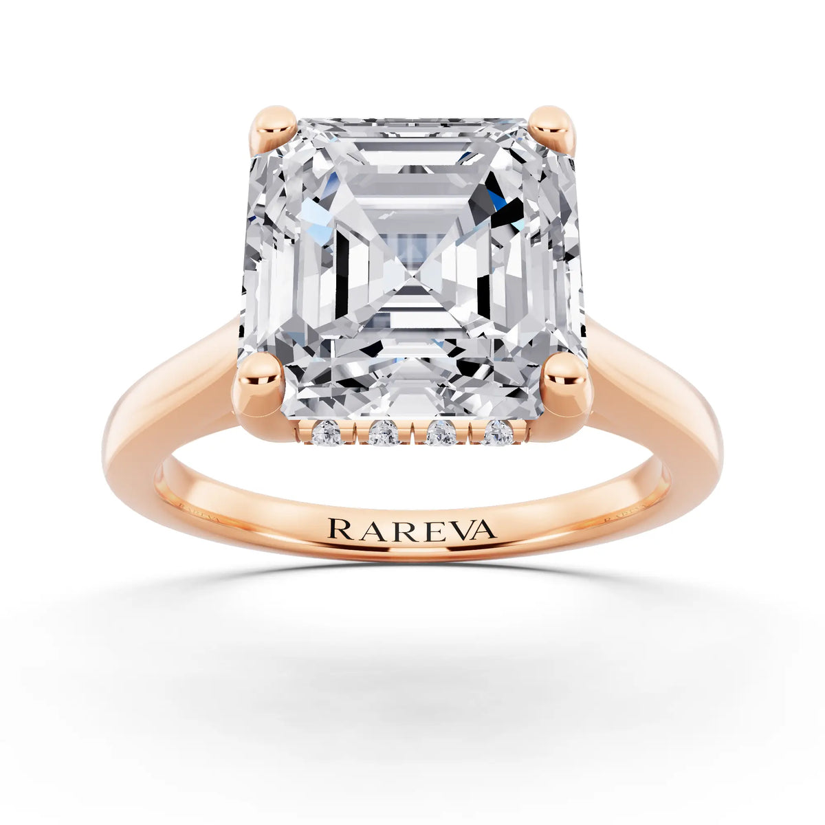 14 KT Rose Gold Asscher Cut Diamond Solitaire Ring with Cathedral Band - front view