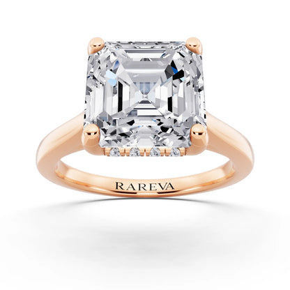 14 KT Rose Gold Asscher Cut Diamond Solitaire Ring with Cathedral Band - front view