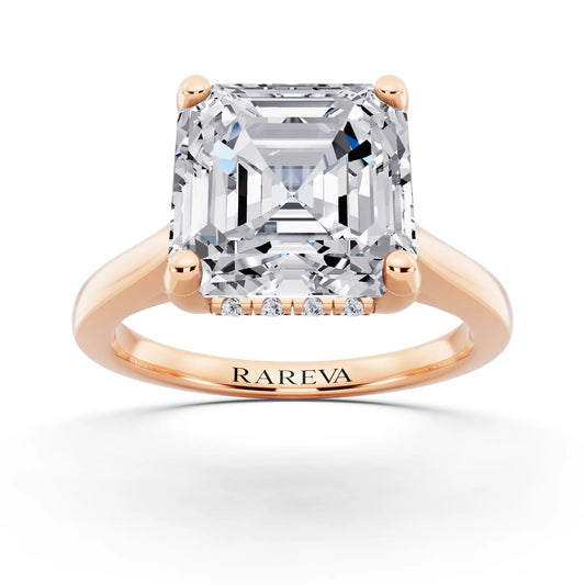 14 KT Rose Gold Asscher Cut Diamond Solitaire Ring with Cathedral Band - front view