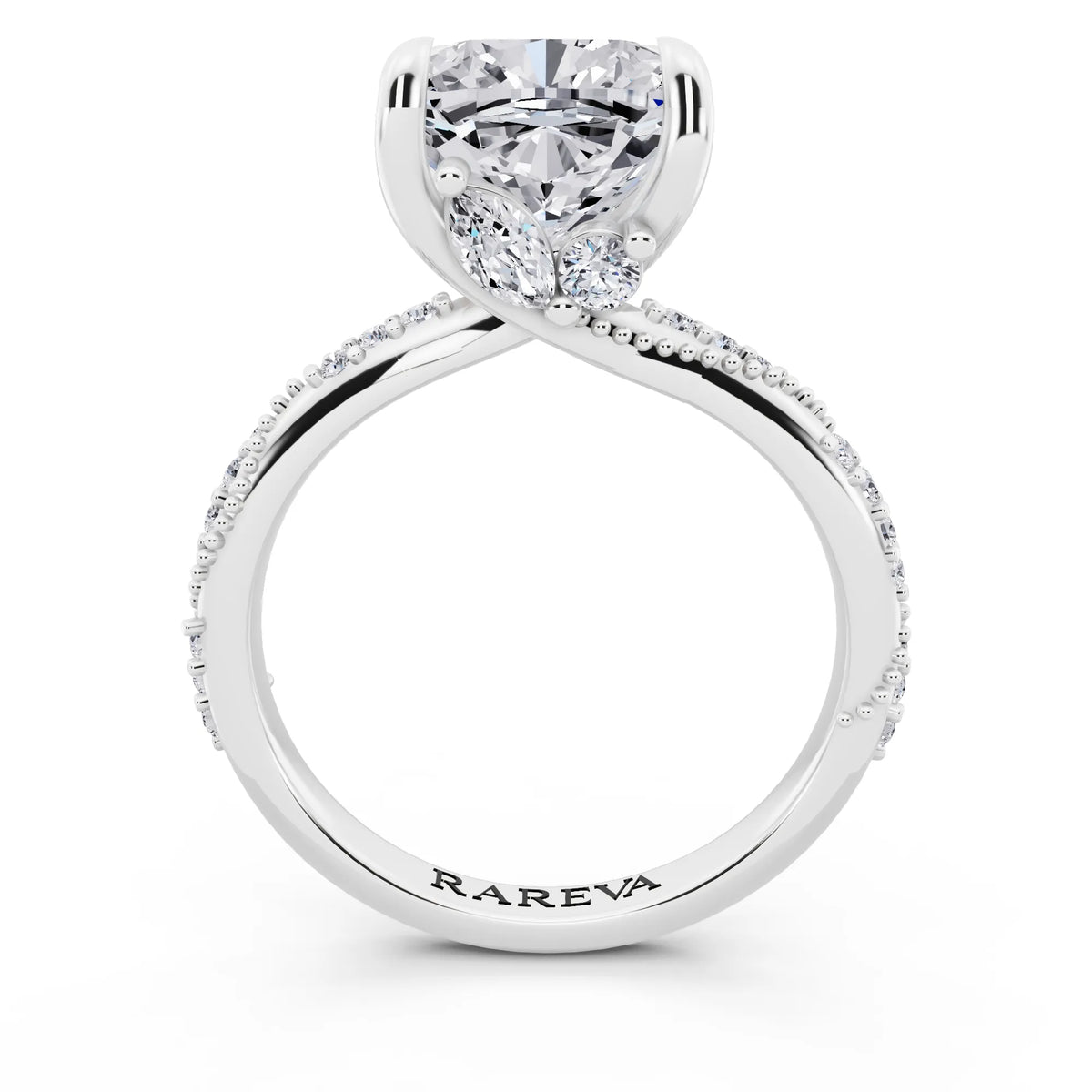 Platinum Cushion Cut Diamond Ring with Marquise Accent - through finger