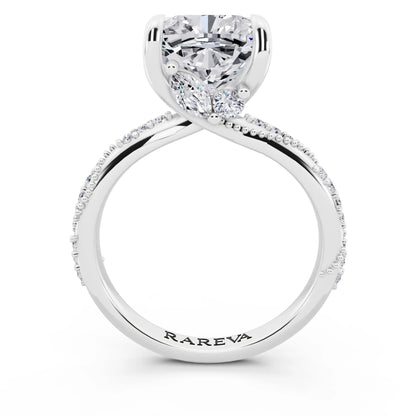 Platinum Cushion Cut Diamond Ring with Marquise Accent - through finger