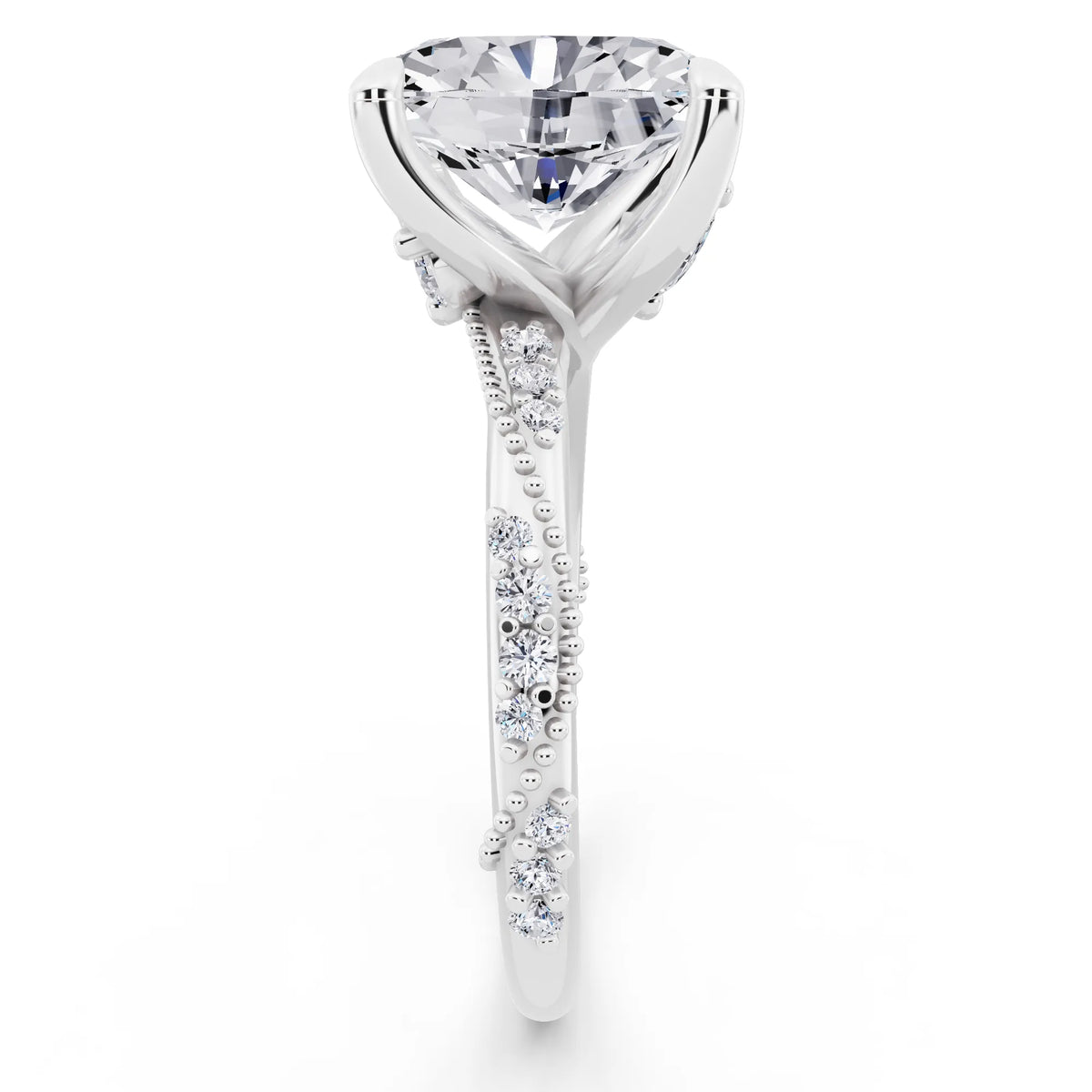 18 KT White Gold Oval Cut Diamond Ring with Marquise Accent - side view