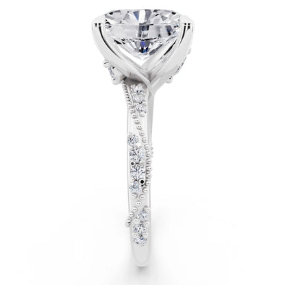 18 KT White Gold Oval Cut Diamond Ring with Marquise Accent - side view