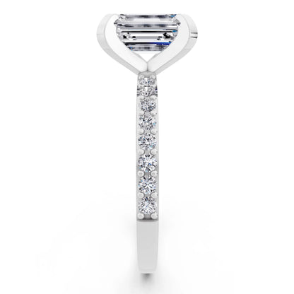 14 KT White Gold Emerald Cut Diamond Solitaire Ring with Pave Shank - side view