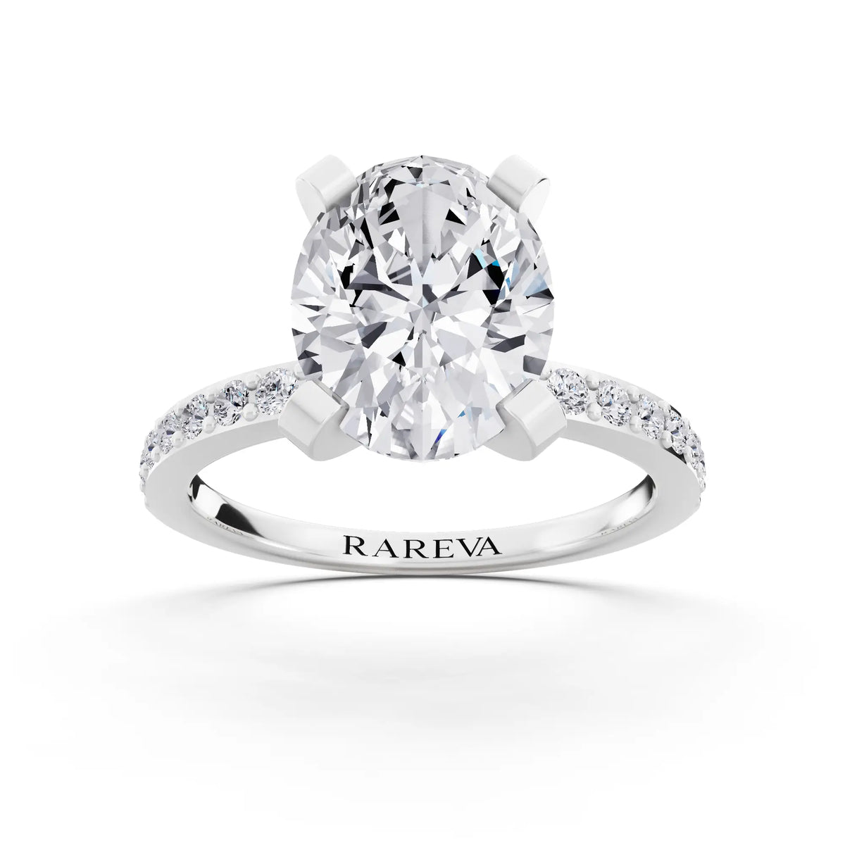 14 KT White Gold Oval Cut Diamond Solitaire Ring with Pave Shank - front view