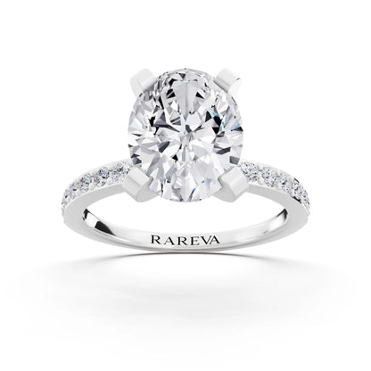 14 KT White Gold Oval Cut Diamond Solitaire Ring with Pave Shank - front view