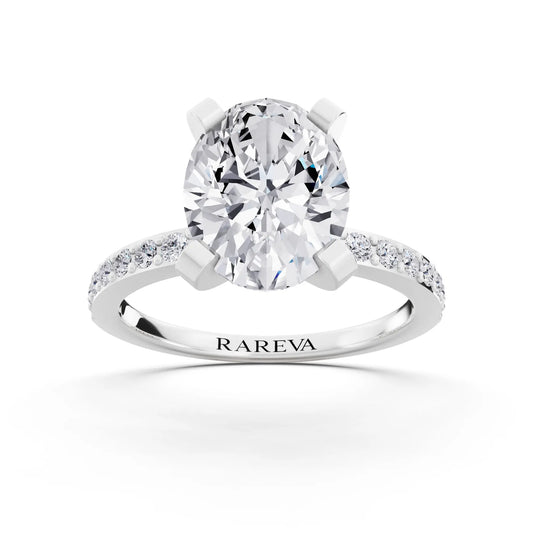 14 KT White Gold Oval Cut Diamond Solitaire Ring with Pave Shank - front view