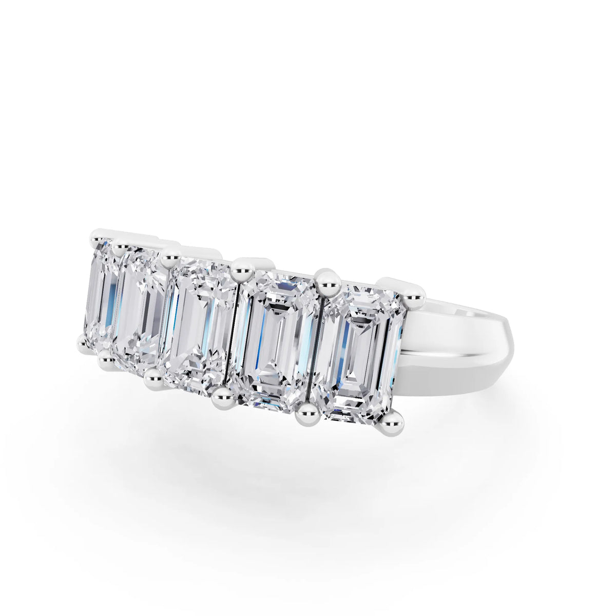 Silver Five Stone Emerald Cut Diamond Half Eternity Wedding Band - 2.7mm - Close up