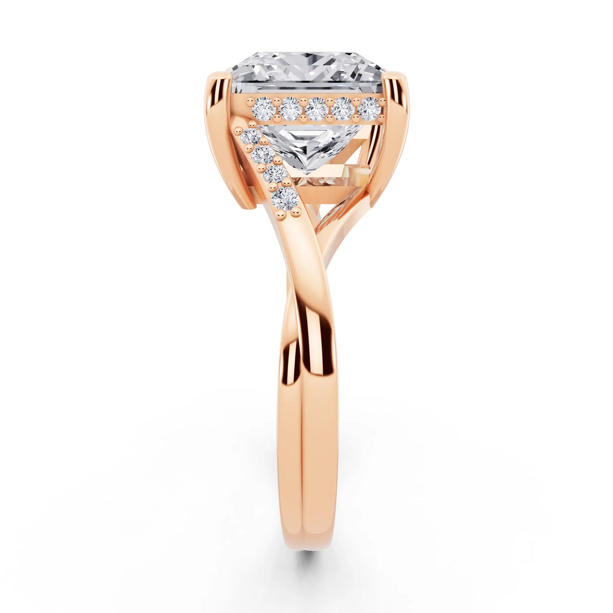 14 KT Rose Gold Princess Cut Diamond Split Shank Engagement Ring with Hidden Halo - side view
