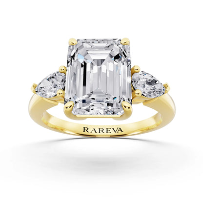 18 KT Yellow Gold Emerald Cut Diamond Three Stone Pear Accent Ring - front view